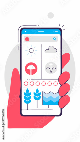 Mobile Smart Farming App Interface – Vector
Vector illustration of a hand holding smartphone with smart farm control app: irrigation, weather, crop data.
