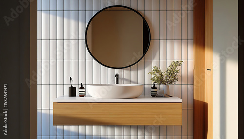Modern minimalist bathroom with white sink on light wood countertop, matte black faucet and round mirror in front of a textured white tile wall under soft light. Ideal for bathroom interior design, cl