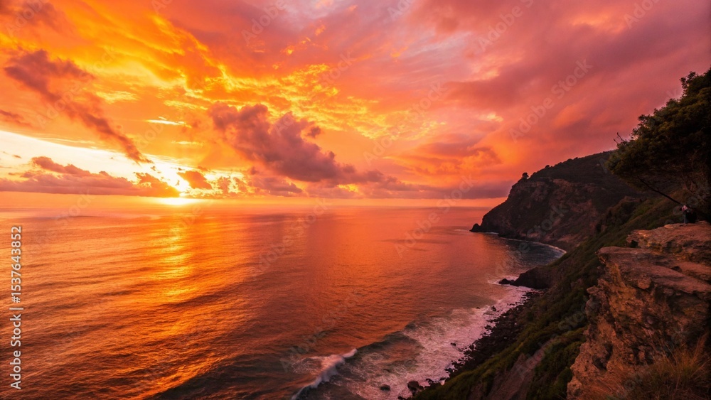 Obraz premium The sun sets over a stunning coastal view, illuminating the cliffs and sea with warm colors, perfect for showcasing natural beauty.