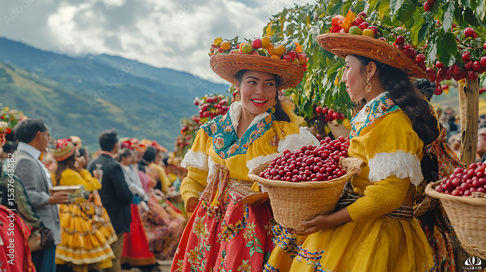Fototapeta premium A festive Colombian coffee celebration unfolds in the mountains, where locals in traditional dress participate in a cultural parade through coffee farms lush with ripe red cherries