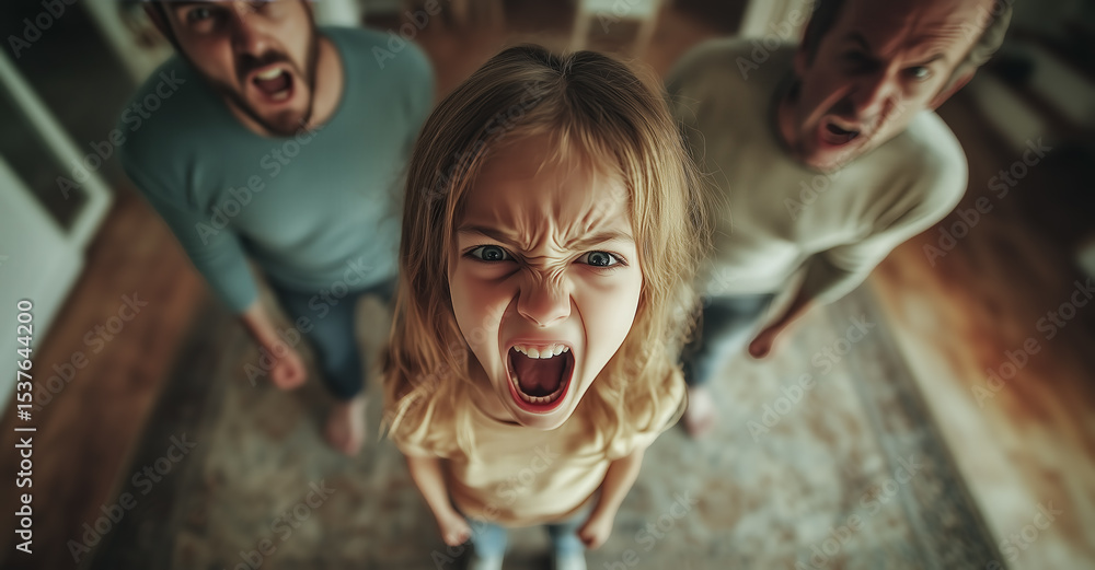 Obraz premium A child cries while parents argue in the background. The crying child highlights the emotional pain and turmoil caused by parental arguments. Generative AI.