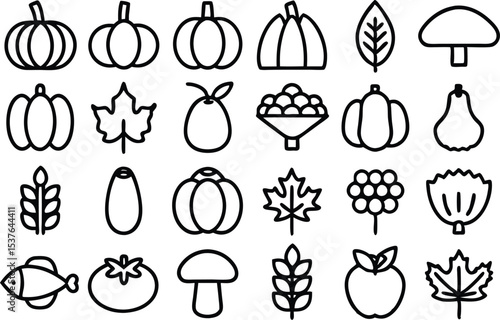 Autumn and harvest outline icon collection for seasonal designs isolated on transparent background