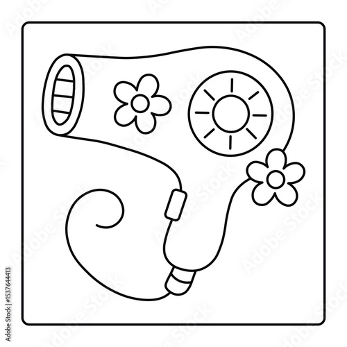 Hair Dryer with Flowers Coloring Page – Fun Line Art for Kids