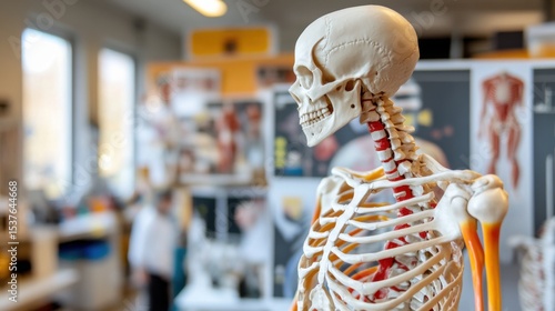 A detailed image of a human skeleton model with highlighted joints, set in a brightly lit anatomy lab with educational posters, medium shot