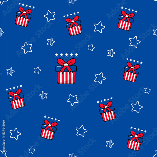 Seamless Patriotic Gift Box Pattern with Stars - American Flag Inspired Vector Art Stars and Stripes Design on Blue Background