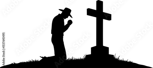 Cowboy Praying at Memorial Cross. vector silhouette

