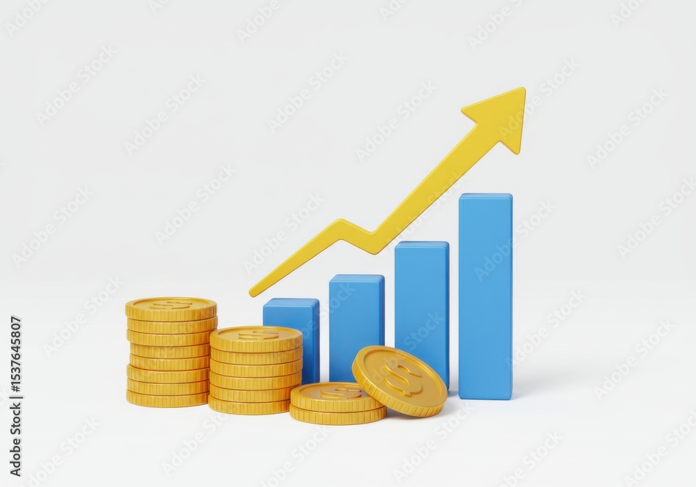 Financial growth concept with rising graph and stacks of coins on a plain backdrop Financial growth concept with rising graph and stacks of coins on a plain backdrop
