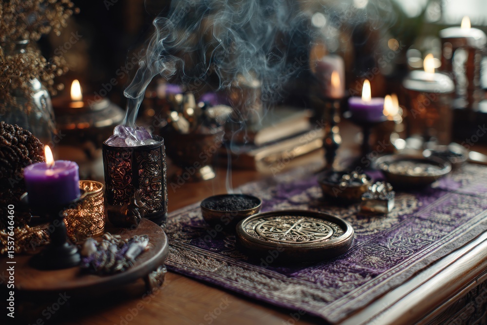 Fototapeta premium Mystical scene with candles, incense, and ritual items creating an atmospheric vibe.