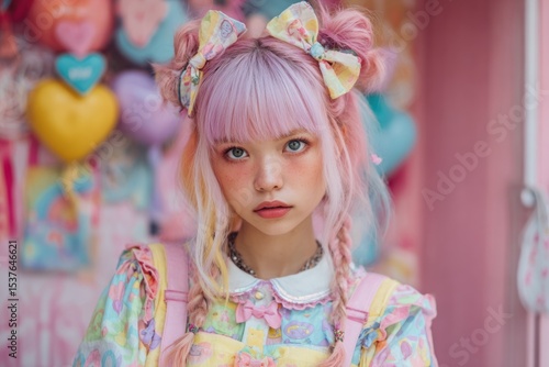 A young woman with pink hair and bows stands in front of a colorful background.