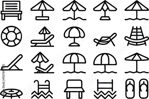 Outline icon set of beachfront villas isolated on transparent background