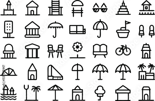 Outline icon set of beachfront villas isolated on transparent background
