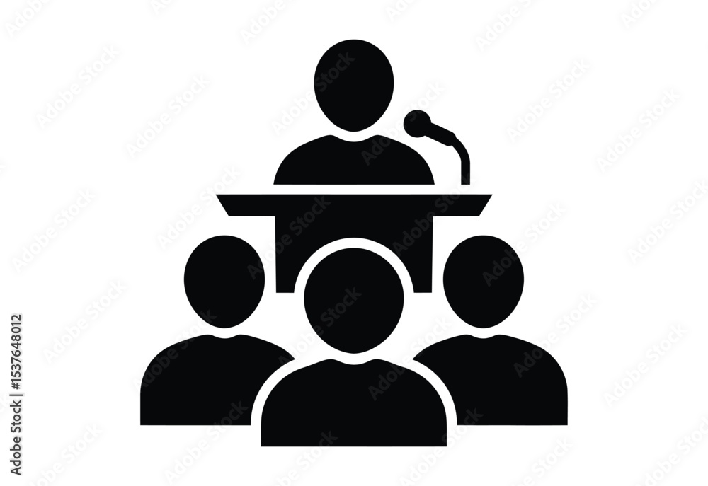 Public Speaking Icon Speaker at Podium with Audience Silhouette Vector Public Speaking Icon Speaker at Podium with Audience Silhouette Vector