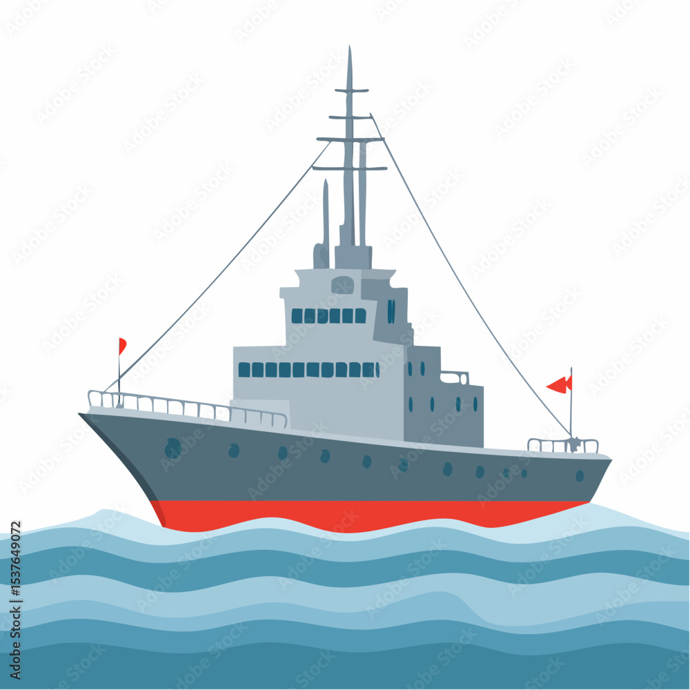 Obraz premium Vintage Warship Illustration Gray Naval Vessel on Ocean Waves