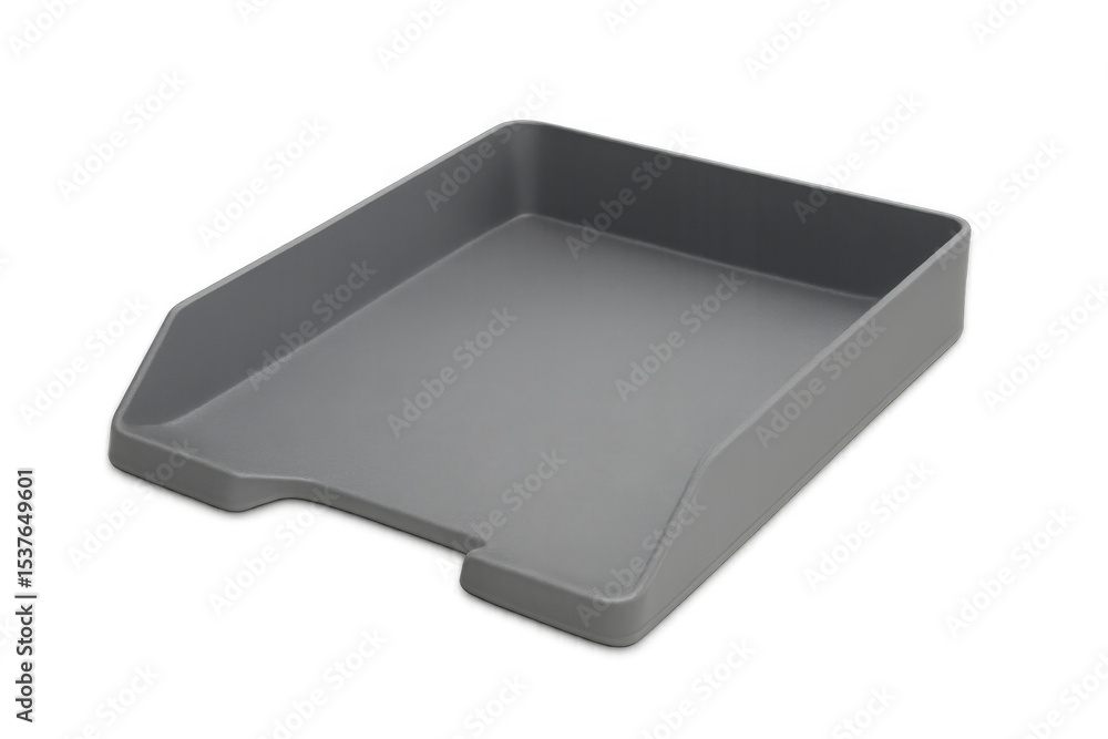 Fototapeta premium Grey desk tray organizing paperwork, empty workspace accessory preparing efficient office management on transparent surface