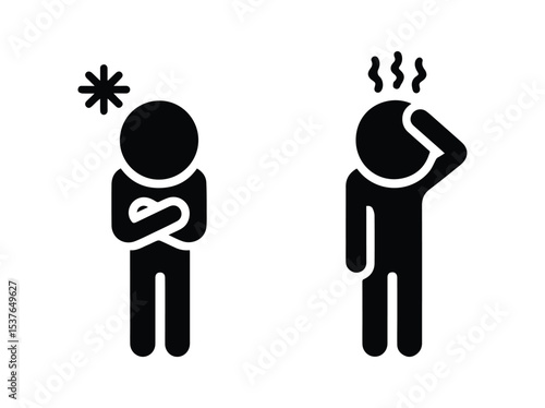 Minimal stick figure icons showing sick and unwell person. Symptoms include chest pain and headache. Concept of illness, health issues, discomfort, and medical care.
