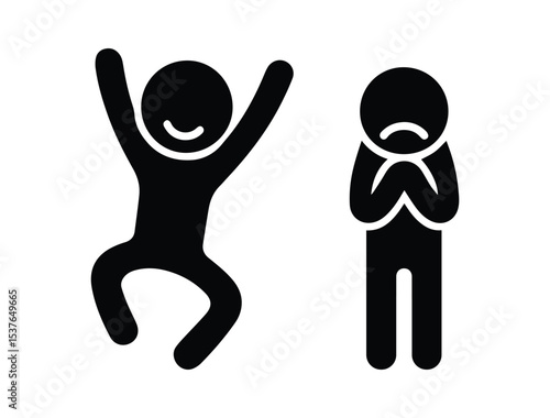 Minimalist illustration of emotional contrast: happy jumping person and sad standing figure. Concept of joy and sadness, mood swings, mental health.