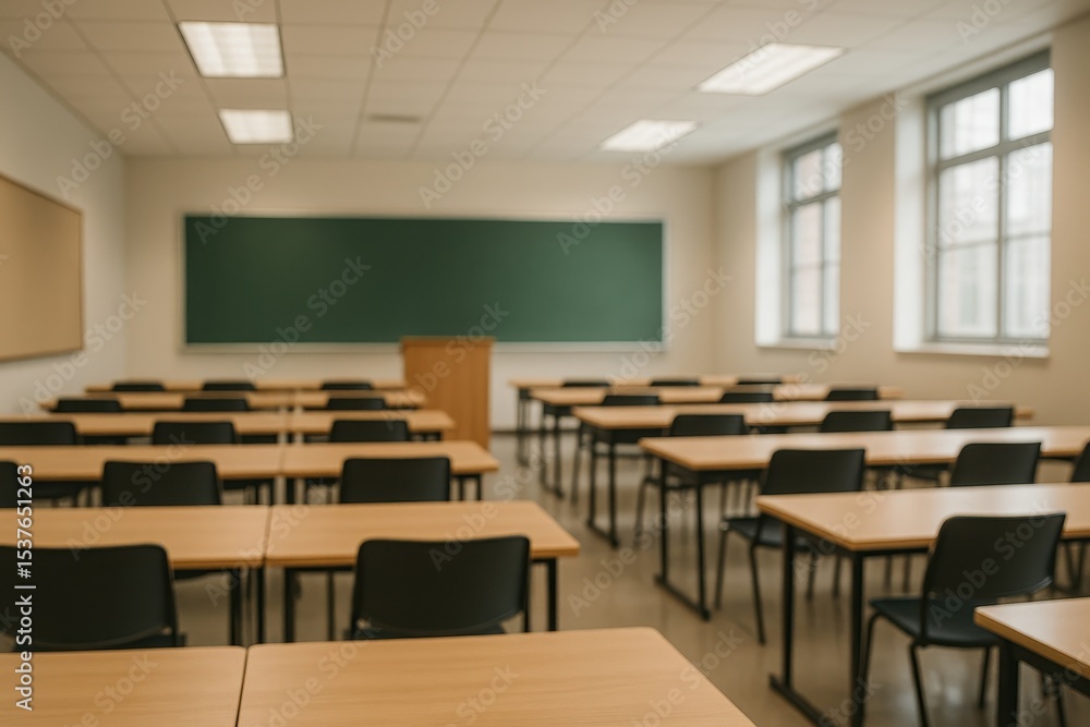 Fototapeta premium Empty university classroom with blurred academic environment and educational institution atmosphere