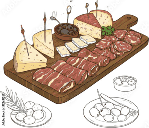 vector illustration of charcuterie board with cheese, appetizer, ham, olives, restaurant, tapas, spanish food
