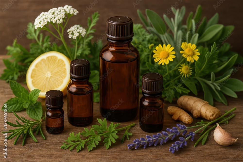 Homeopathic Essential Oil Bottles with Natural Herbs and Alternative Medicine Homeopathic Essential Oil Bottles with Natural Herbs and Alternative Medicine