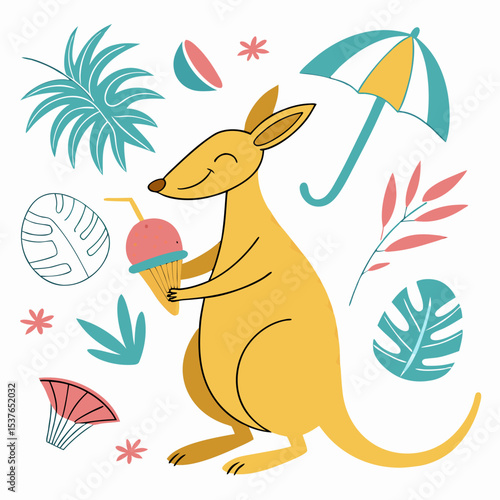 Peaceful expression on a Wallaby in a Tropical theme, with holding a cupcake – Tropical Vibes vector art