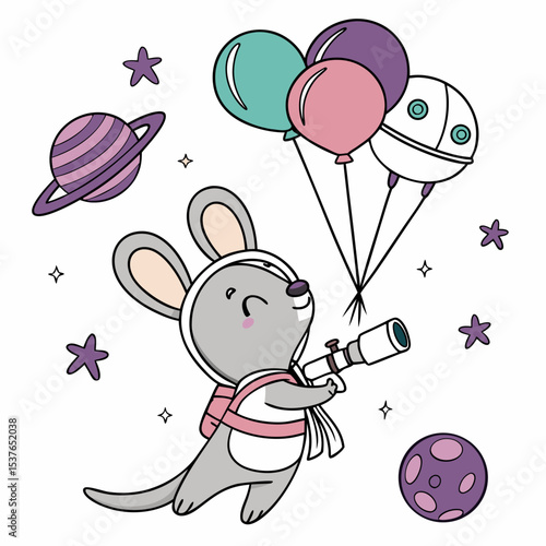 Whimsical Wallaby feeling Grumpy in a Galaxy Dreams setting with floating with balloons – colored in Starlight Mix