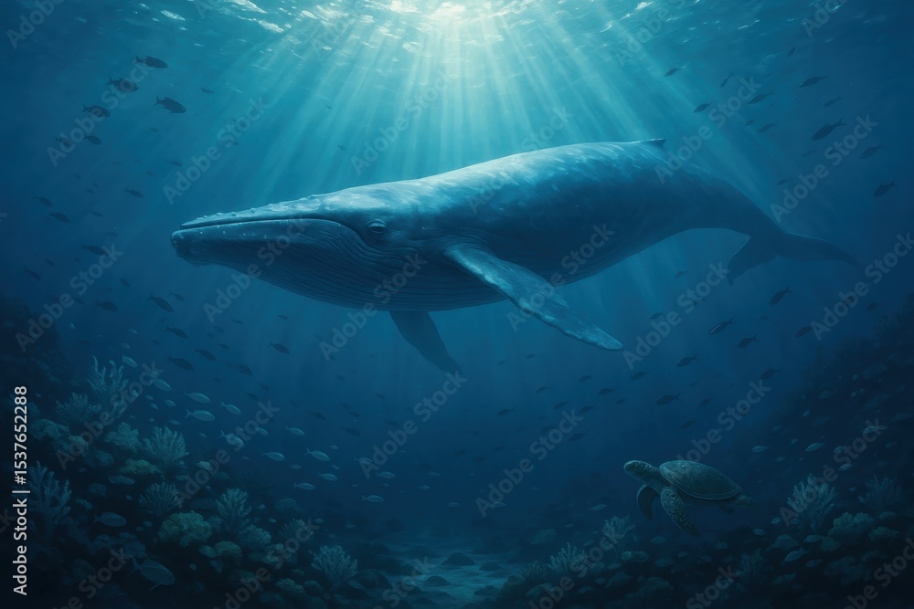 Fototapeta premium Magnificent Blue Whale Swimming in Deep Ocean with Marine Life Ecosystem