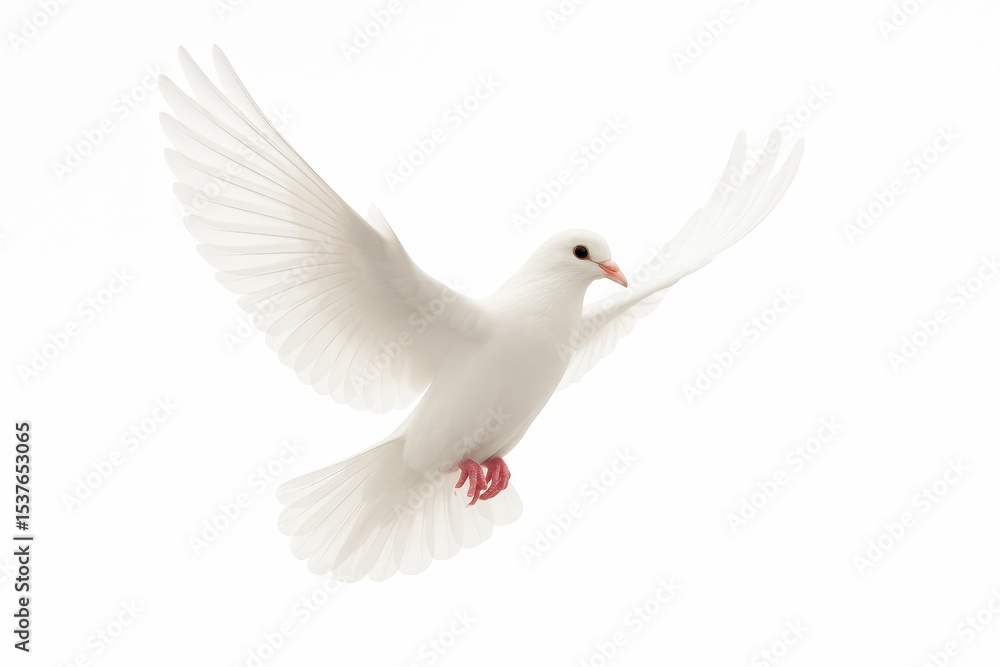 Obraz premium Pure White Dove in Flight Against Clean White Background Symbolizing Peace