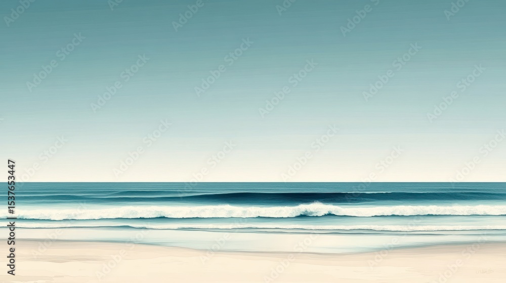 Fototapeta premium Calm beach scene, ocean waves, tranquil shore, perfect for relaxation, digital art