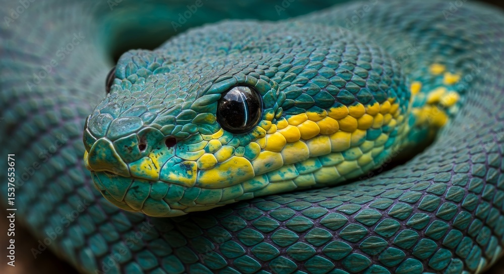Fototapeta premium Enchanting close-up of a viper snake head with vibrant teal and golden scales