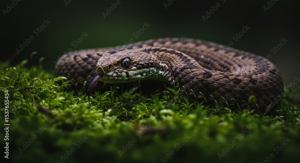 Fototapeta premium Close-Up of a Viper Snake Resting on Moss in Woodland Environment