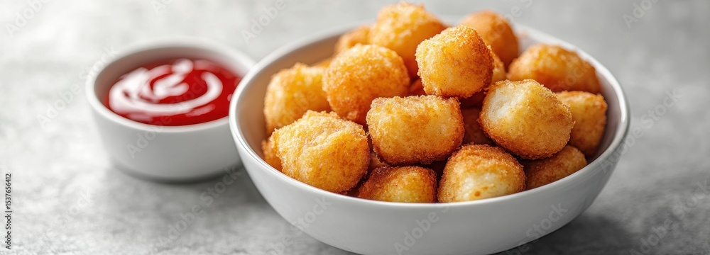 A bowl filled with golden-brown fried potato croquettes is paired with a side of rich, red dipping sauce. Perfect for snacking or sharing during gatherings A bowl filled with golden-brown fried potato croquettes is paired with a side of rich, red dipping sauce. Perfect for snacking or sharing during gatherings