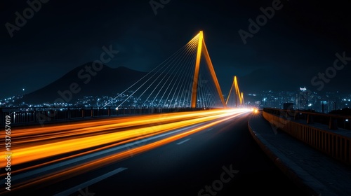 A night bridge with illuminated cables and flowing vehicle lights