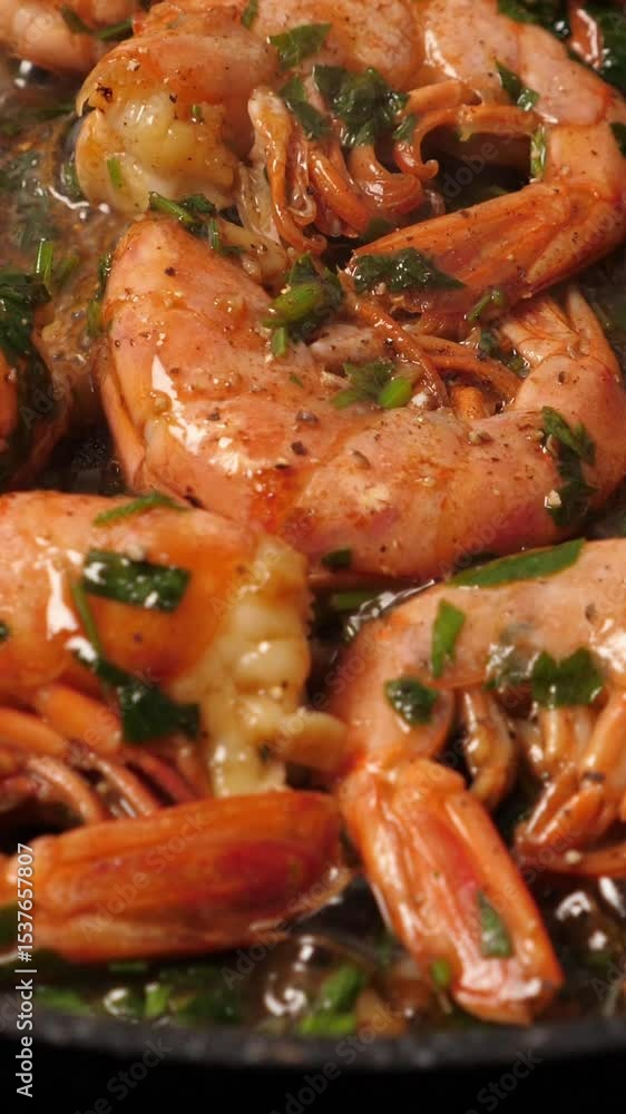 Cooking big shrimps on frying pan. Preparation langoustines. Closeup. Top view. Vertical footage Cooking big shrimps on frying pan. Preparation langoustines. Closeup. Top view. Vertical footage