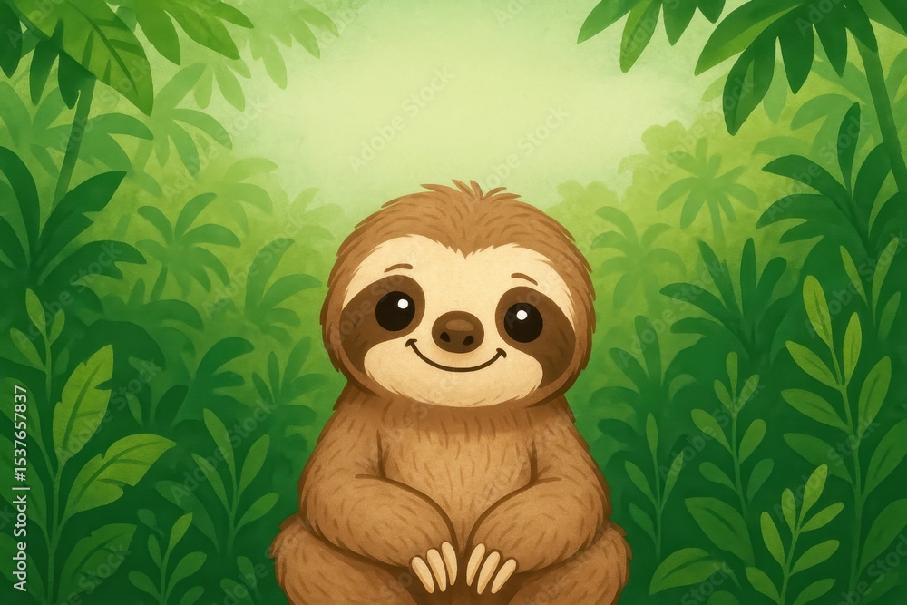 Obraz premium Adorable cartoon sloth character with space for text in tropical jungle setting for children's design