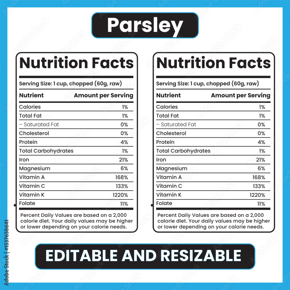 Obraz premium parsley nutrition facts, parsley nutrition label, fresh herb nutrition, vitamin K rich herbs, antioxidant rich herbs, plant-based nutrition, organic parsley,