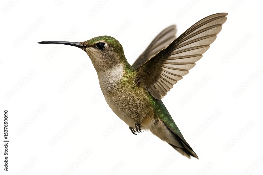Fototapeta premium Hummingbird In Flight Isolated On White Background With Detailed Wings And Graceful Bird Movement For Wildlife Nature Photography