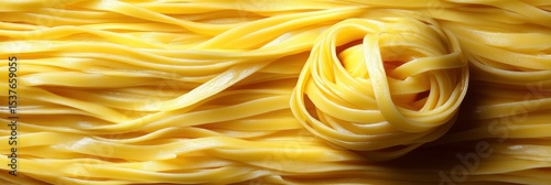 Close-up of golden fresh egg tagliatelle pasta.