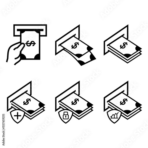 A collection of black line icons illustrating dollar bills being withdrawn from an ATM, some with security and analytics shields.