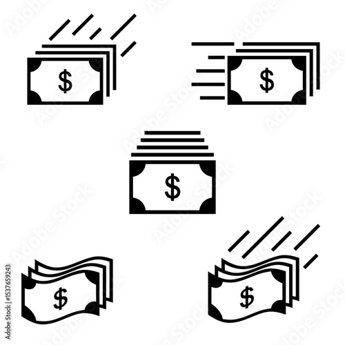 Collection of black outline icons depicting dollar banknotes in motion, stacked, and flowing, symbolizing payment, transfer, or financial activity.