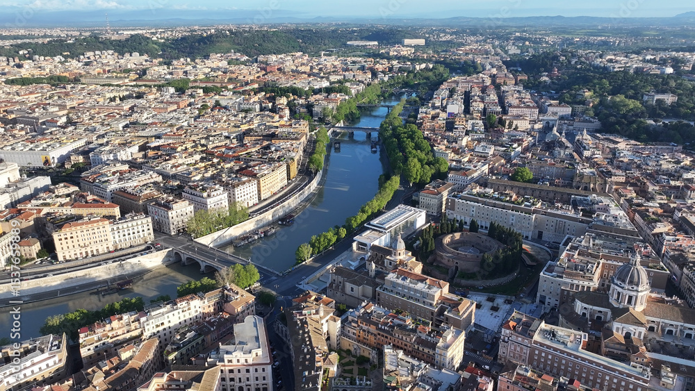 Obraz premium Rome Skyline At Rome In Lazio Italy. Medieval Buildings. Downtown District. Rome Skyline At Rome In Lazio Italy. Coastline Scenery. Tiber River Scene. Italy Skyline.