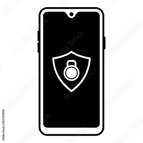 Minimalist black and white icon of a smartphone displaying a security shield with a padlock, representing mobile protection and data safety.