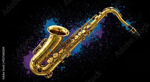 Wallpaper Mural Golden saxophone with vibrant blue and purple paint splashes on a black canvas Torontodigital.ca