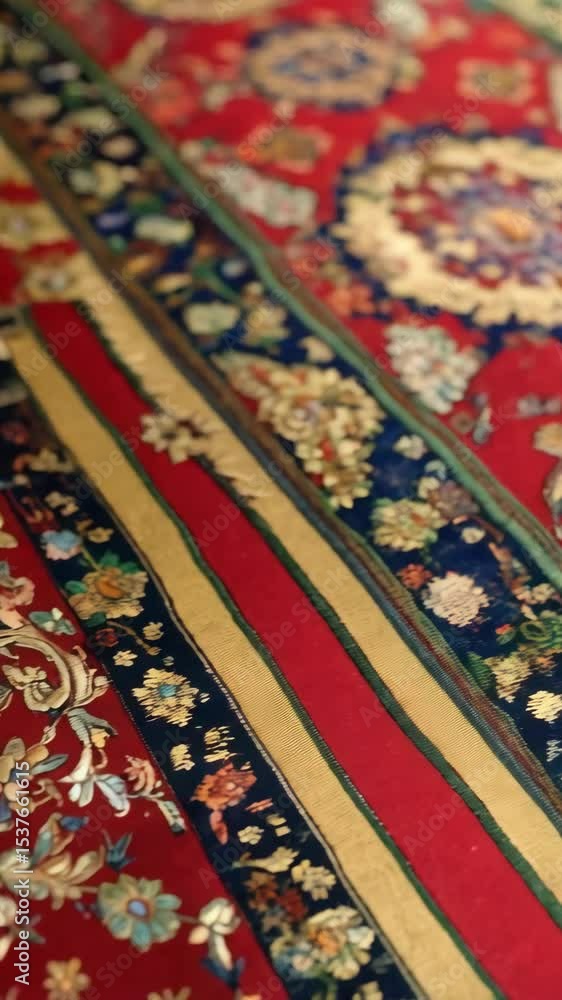 Detailed shot of multiple hand-woven antique oriental carpets featuring floral and foliage patterns in red, gold, and navy blue hues. Detailed shot of multiple hand-woven antique oriental carpets featuring floral and foliage patterns in red, gold, and navy blue hues.