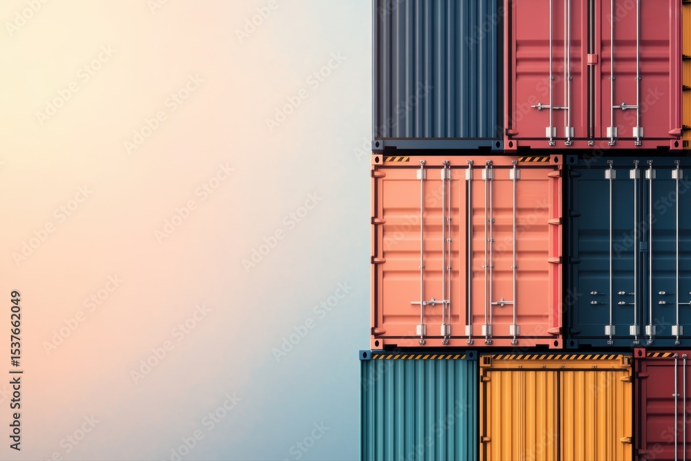 Fototapeta premium Vibrant cargo shipping containers stacked neatly, offering ample copy space. Ideal for themes of global logistics, international trade, supply chain management, and storage solutions.