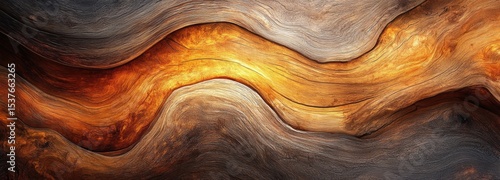 An artistic display of abstract wooden texture reveals intricate fluid and wavy grain patterns. Warm hues of orange and brown create a striking visual contrast that draws the eye