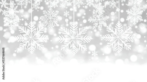 Elegant Hanging White Snowflakes on Bokeh Background