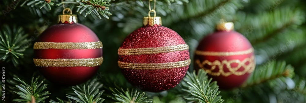 Festive Red and Gold Christmas Ornaments Hanging on Tree Festive Red and Gold Christmas Ornaments Hanging on Tree