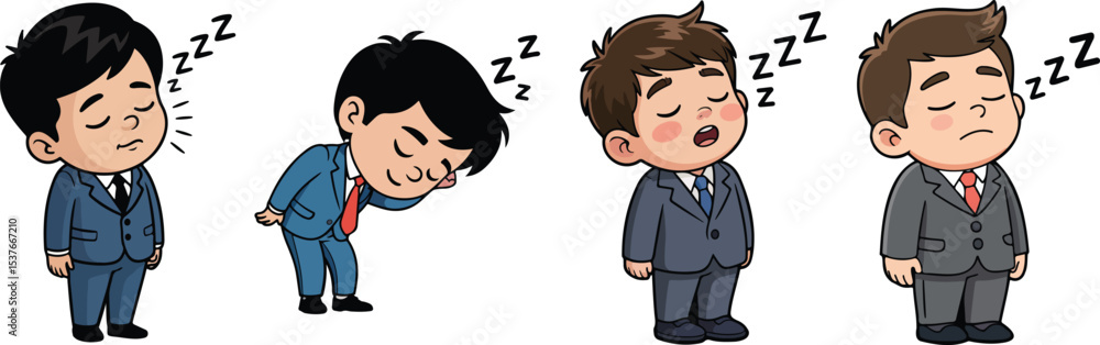 Cartoon illustration of four businessmen sleeping while standing in their suits isolated on white Cartoon illustration of four businessmen sleeping while standing in their suits isolated on white