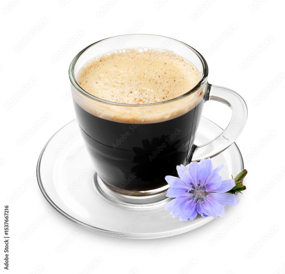 Fototapeta premium Chicory drink in glass cup and flower isolated on white