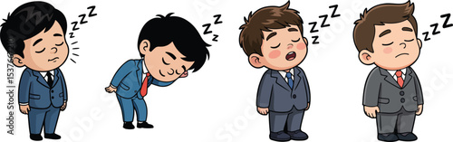 Cartoon illustration of four businessmen sleeping while standing in their suits isolated on white